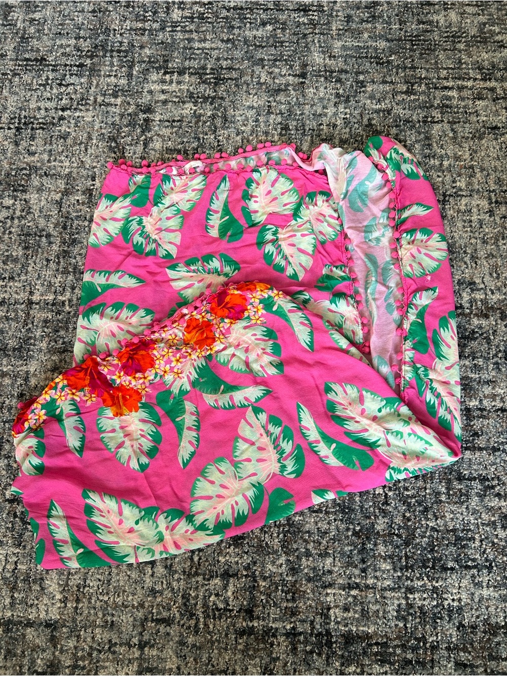 •Lovers + Friends• pink tropical coverup scarf with pom-poms
